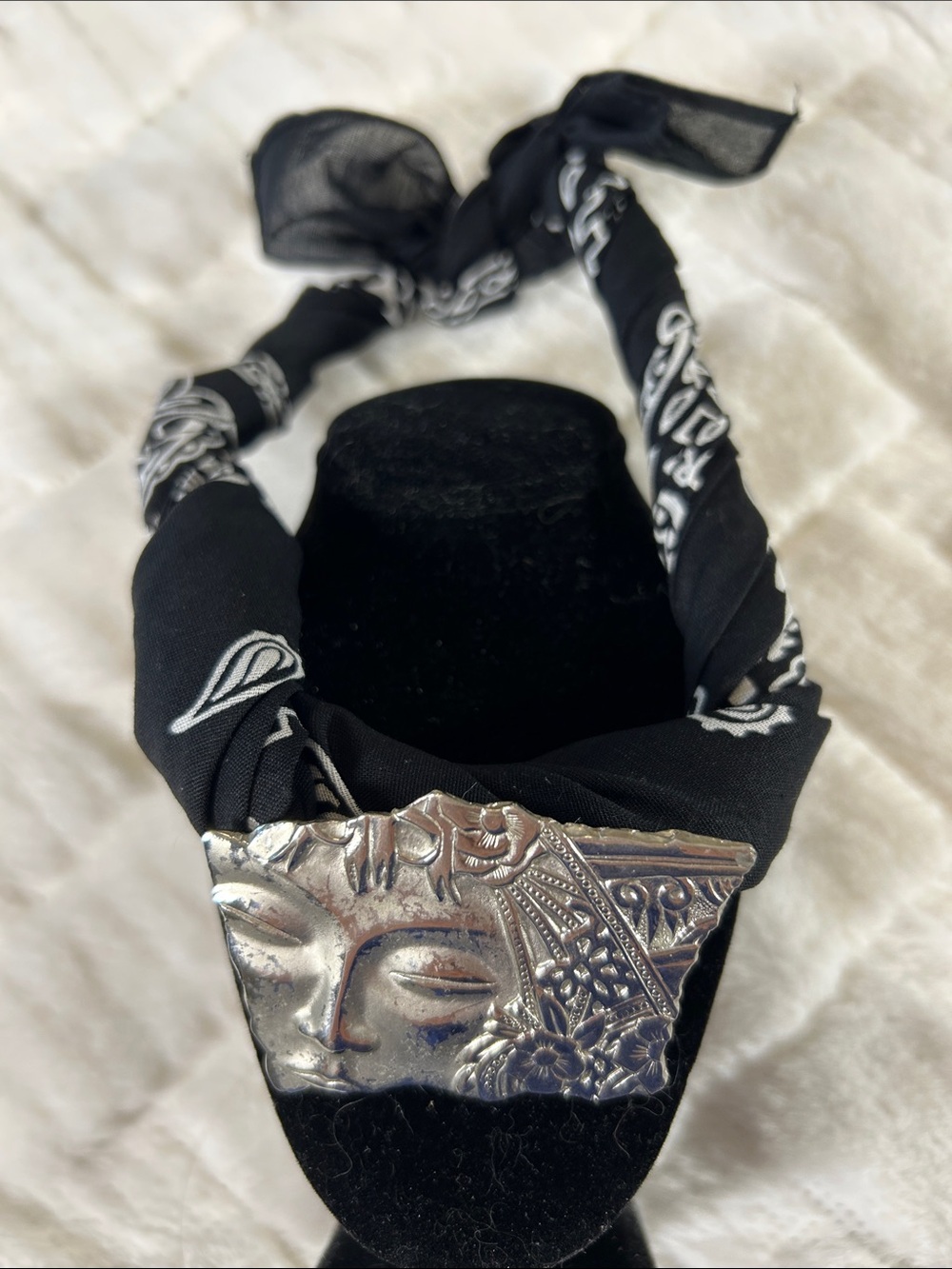 JJ Vintage Brooch with Black Bandanna worn as necklace